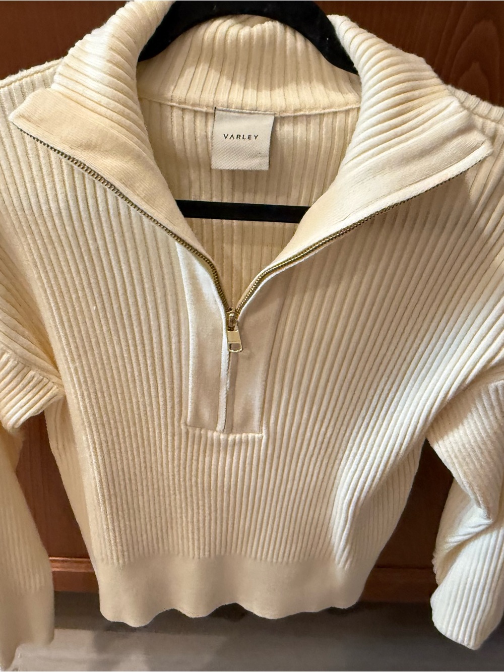 Varley Cream Ribbed Half-Zip Turtleneck Sweater